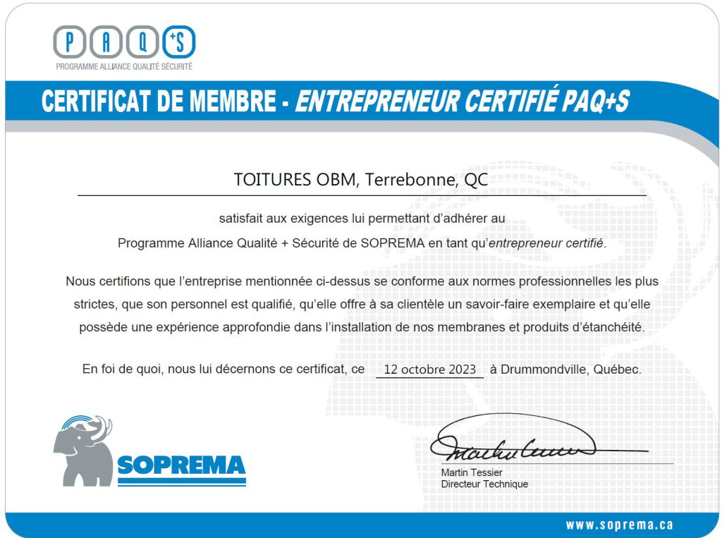 Certification Soprema de Toiture OBM